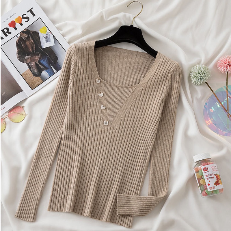 Áo Dệt Kim Tay Dài Cổ Vuông Dáng Ôm Phong Cách Phương Tây Thời Trang Mùa Thu Cho Nữ