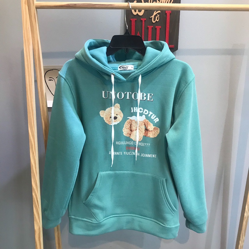 ÁO HOODIE GẤU UNOTOBE NGỌC/ĐEN/HỒNG ảnh thật