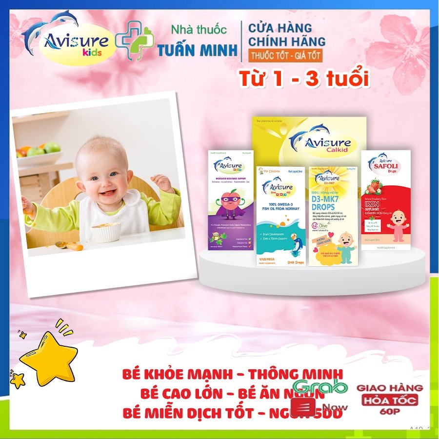 Bộ sản phẩm Avisure bổ sung vi chất toàn diện cho bé D3 mk7 drops DHA smart kid Safoli drops Avisure muno Calkid