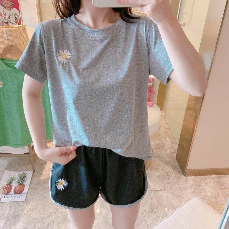 BỘ COTTON HOA CÚC QUẦN ĐÙI SỌC VIỀN 3 MÀU ULZZANG - BỘ THUN NGỦ HOA CÚC HỒNG XÁM XANH