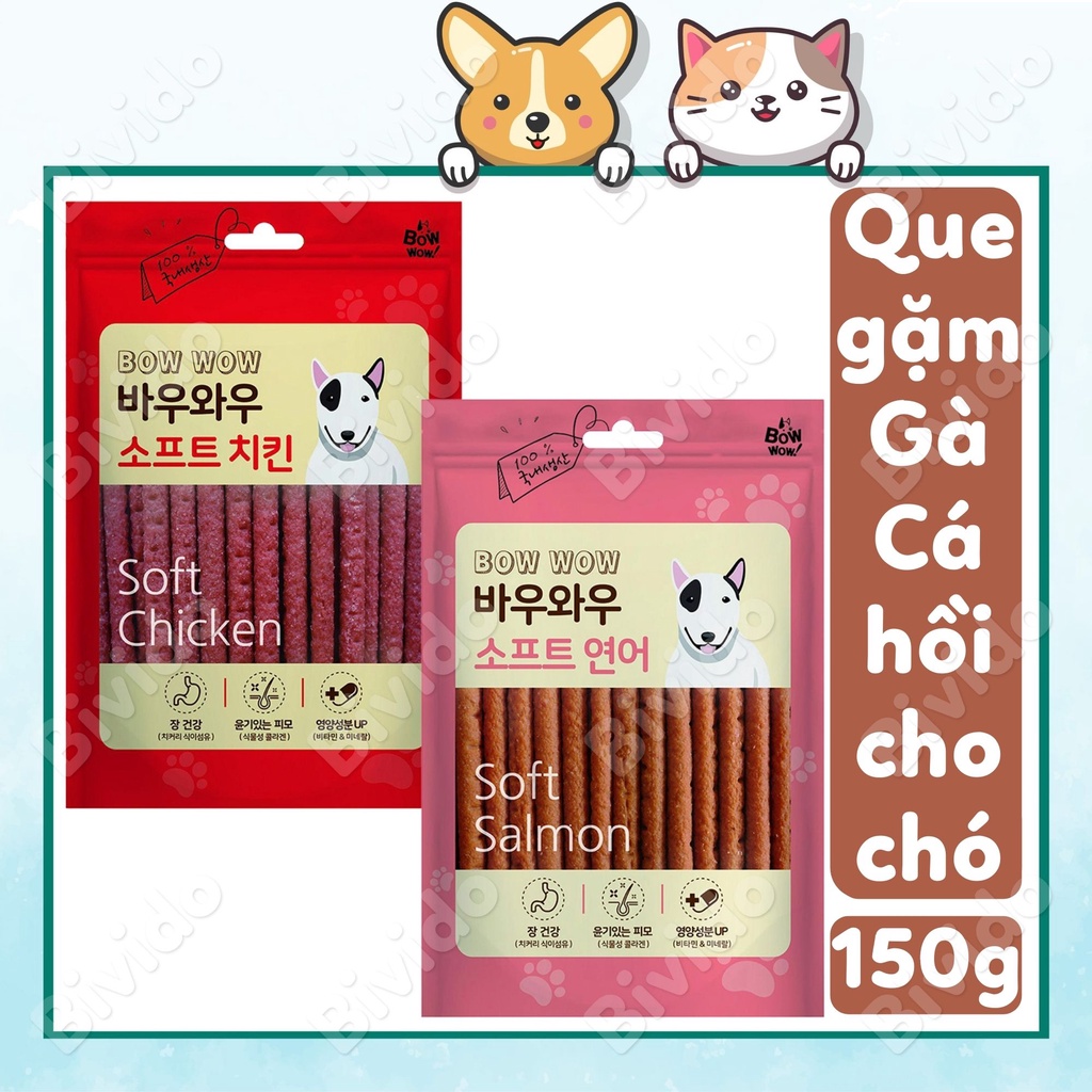 Que gặm bánh thưởng BowWow vị thịt gà, cá hồi mềm dẻo thơm sạch răng 150g - Bivido