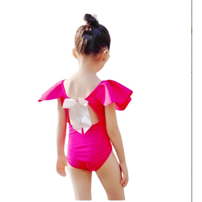 Bikini liền thân bé gái bèo cổ hoa hồng hở lưng cột nơ (tặng kèm nón bơi)