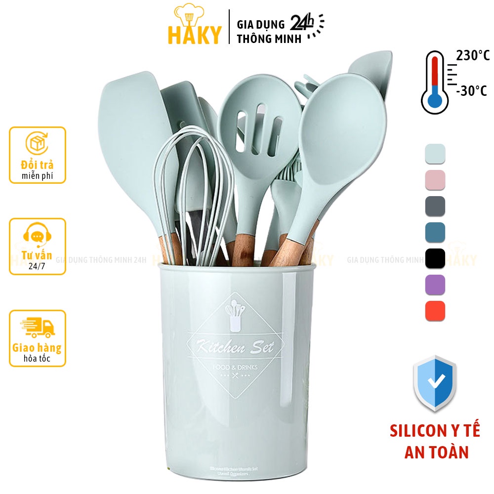 Bộ dụng cụ nấu ăn, làm bánh 11 món silicon y tế an toàn HAKY001, chịu nhiệt tốt, độ bền cao, chuôi gỗ chắc chắn