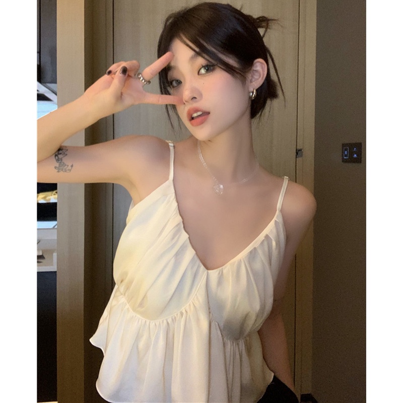 Áo Hai Dây Cổ Chữ V Xếp Ly Quyến Rũ Thời Trang Hè Cho Nữ