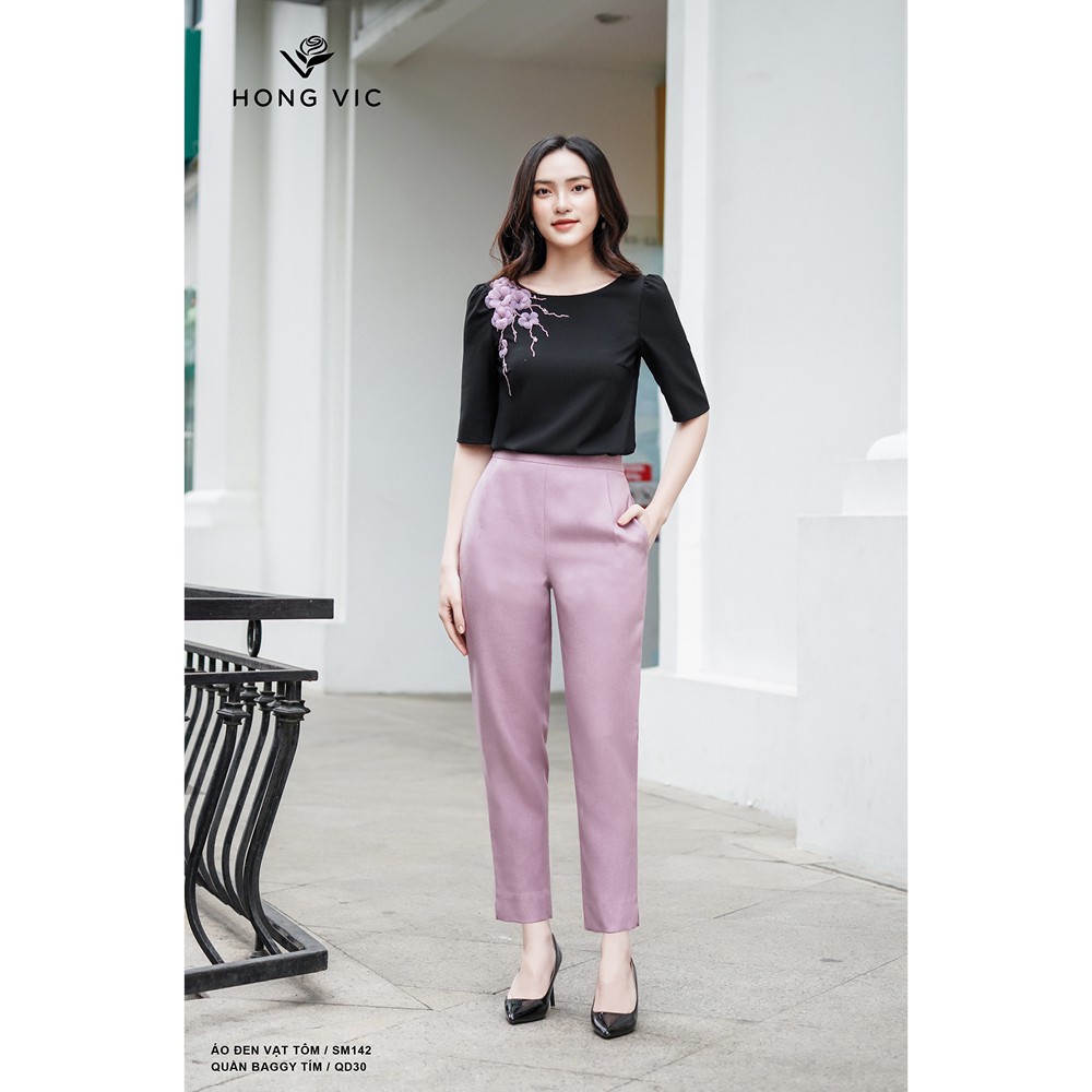 Áo nữ thiết kế Hongvic đen vạt tôm SM142