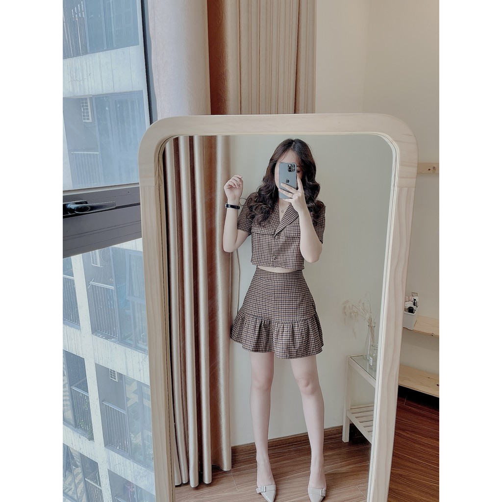 Set váy kẻ vintage ❤️ Set áo croptop mix chân váy kẻ siêu xinh ❤️
