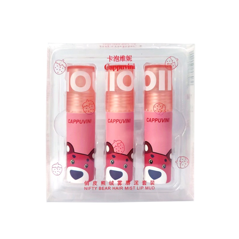 Bộ Son Môi Dạng Lỏng Màu Nude Tự Nhiên Chống Nước Lâu Trôi Hình Gấu Dâu Tây