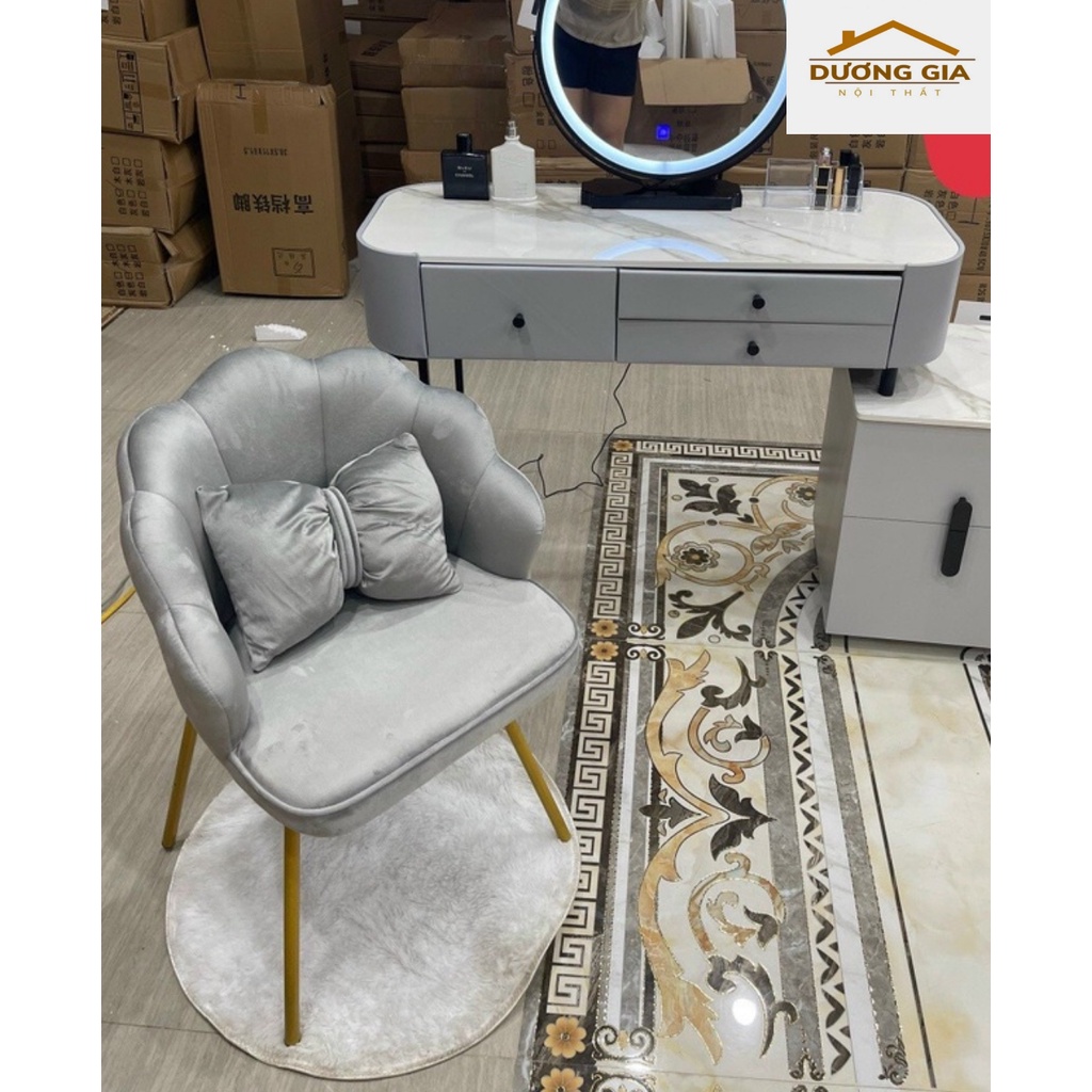 Ghế bàn trang điểm nỉ nhung chân kim loại, có gối nơ