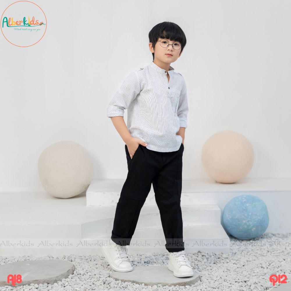 Sét đồ bộ bé trai ALBER áo sơ mi kẻ dài tay quần dài cho trẻ em 5,6,7,8,9,10,11,12 tuổi [A18, Q12]