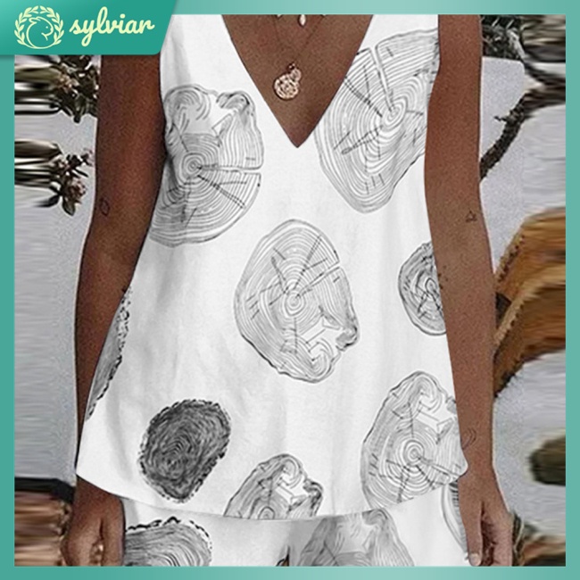 Bộ Trang Phục 2 Mảnh Gồm Áo Thun Cotton Linen Sát Nách Cổ Chữ V Và Quần Short In Họa Tiết Hoa Thời Trang Cho Nữ