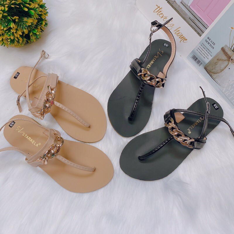 [Freeship đơn 50k] Dép sandal nữ đi biển xỏ ngón tag xích vàng hot hit