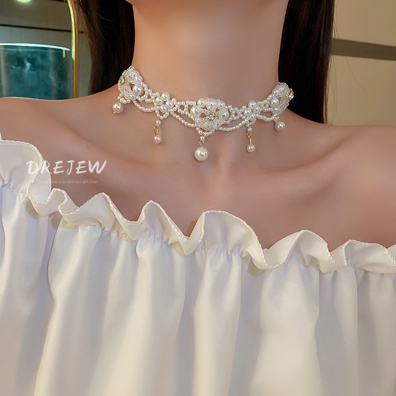 DREJEW Dây Chuyền Đính Đá Pha Lê Và Ngọc Trai Hình Hoa Thời Trang Sang Trọng Cho Nữ
