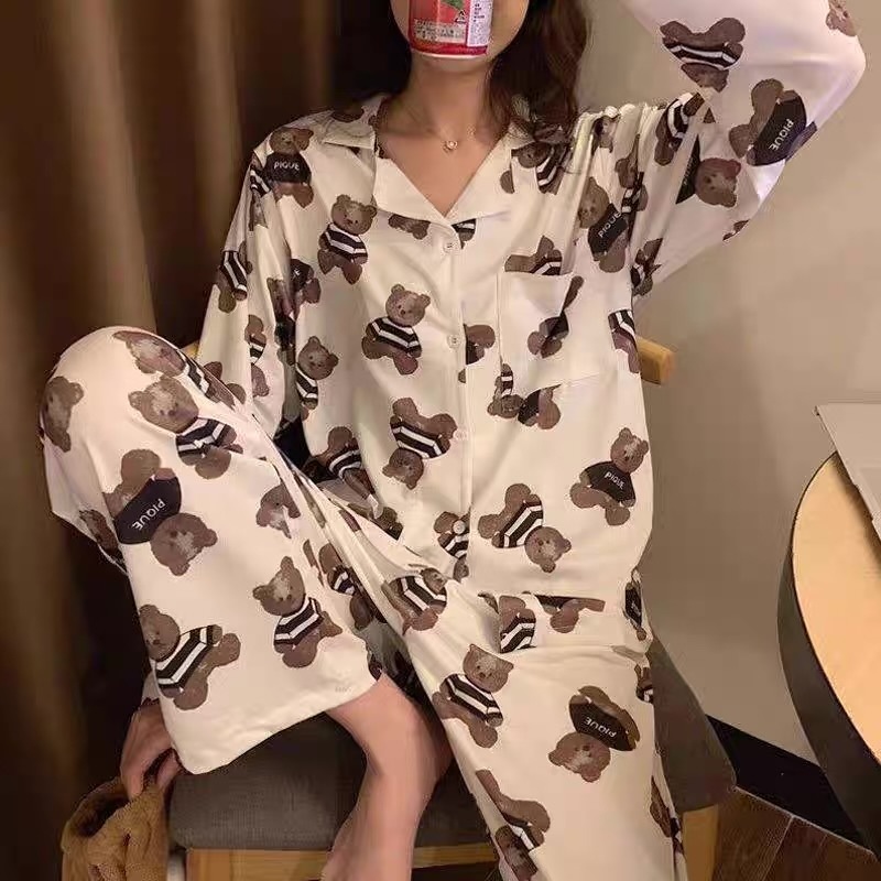Bộ đồ ngủ nữ Pijama tay dài chất thun cotton hoạ tiết hình gấu dễ thương | BigBuy360 - bigbuy360.vn