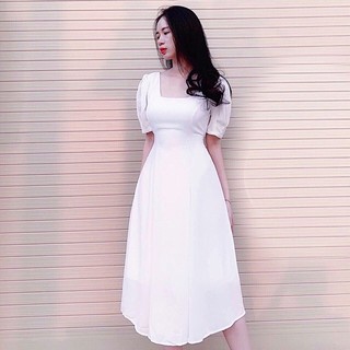 Đầm midi trắng xoè cổ vuông (kèm hình thật)