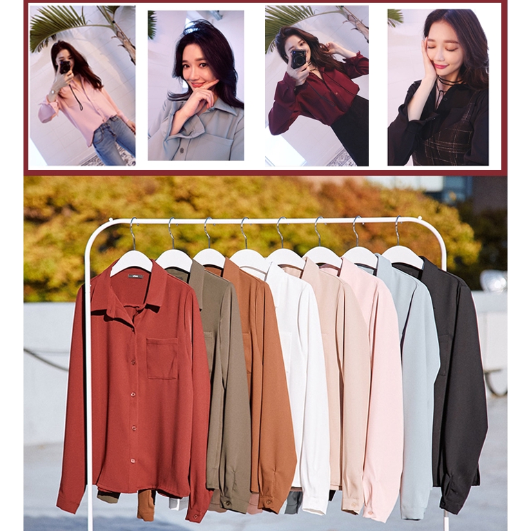 Thời Trang Nữ Áo,Phiên bản Hàn Quốc của áo sơ mi voan dài tay màu rắn,Polyester,Kích Thước S-2XL【lyfs】