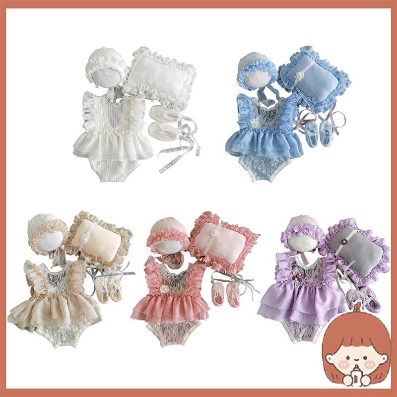 Bộ Áo Liền Quần + Gối + Mũ Beanie Bằng Vải Silin Dùng Chụp Ảnh Cho Bé Sơ Sinh