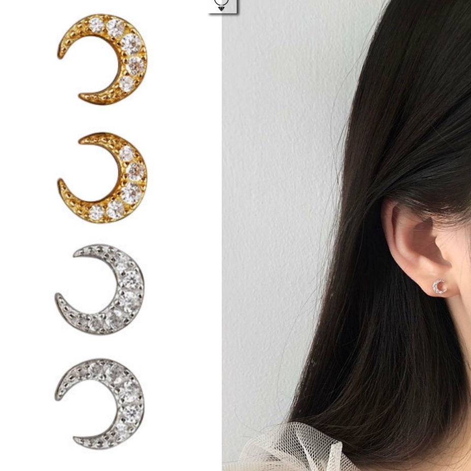 Bông tai bạc ý mặt trăng đính đá kim cương nhân tạo nữ