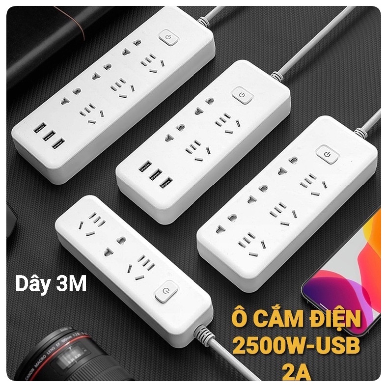 Ổ Cắm Điện USB Đa Năng Cao Cấp Chống Giật Dây Dài 4m, 2 Cổng Cắm USB Công Suất 2500W Có Chốt An Toàn Tiện Dụng OD01 Yobo