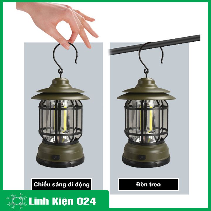Đèn pin sách tay để bàn dùng cắm trại có móc treo đèn báo bão điều chỉnh độ sáng