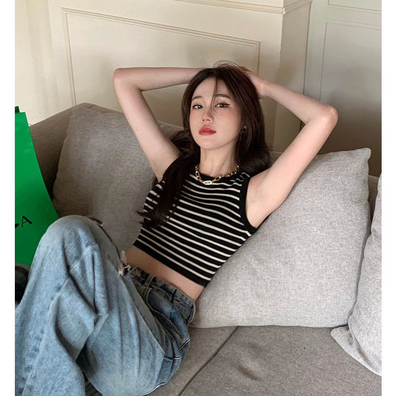 QKOOLE Áo tanktop  cổ tròn họa tiết kẻ sọc phong cách Hàn Quốc thời trang quyến rũ cho nữ
