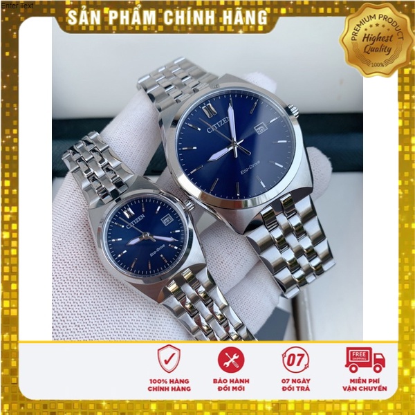 ĐỒNG HỒ COUPLE CHÍNH HÃNG Citizen Corso BM7330-59L & EW2290-54L dây kim loại bạc, mặt dial xanh