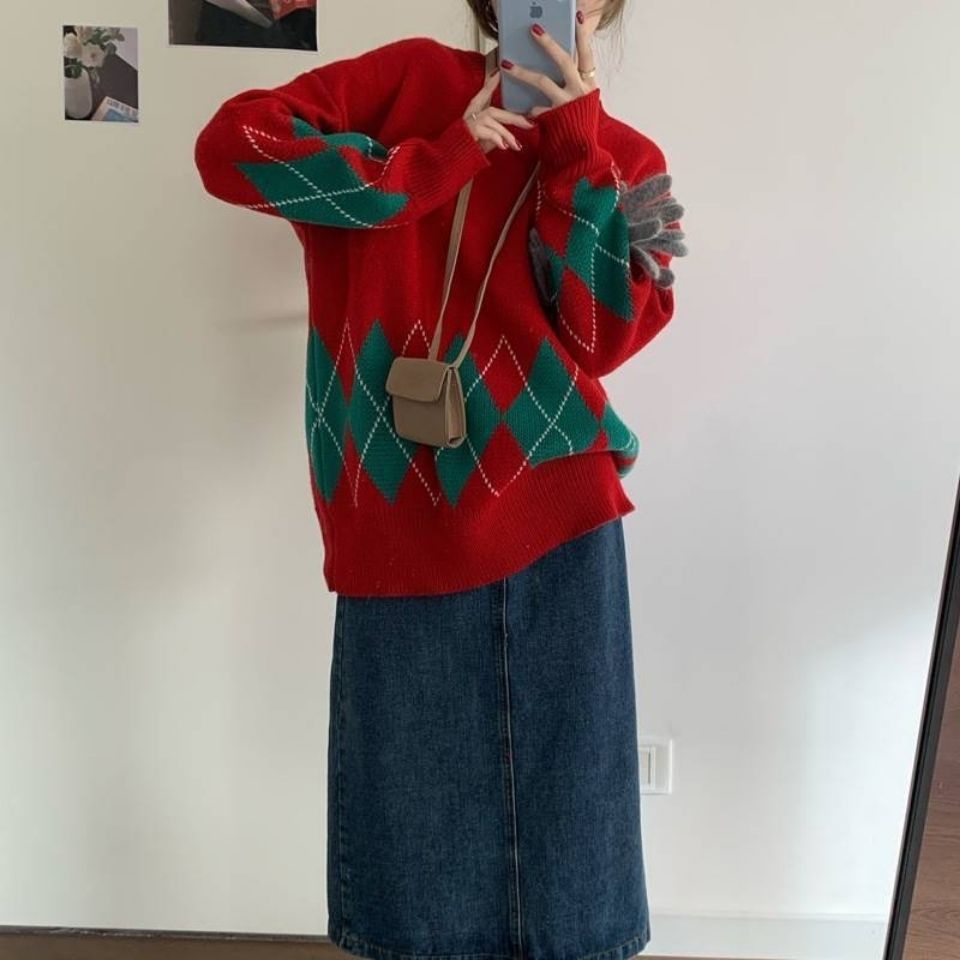 Áo sweater dáng rộng dày màu sắc tương phản thời trang thu đông mới trẻ trung dành cho nữ