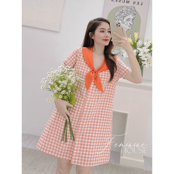 Đầm Caro Nơ Cổ, đầm kẻ, váy kẻ, đầm caro kẻ thắt nơ dễ thương, xinh xắn.