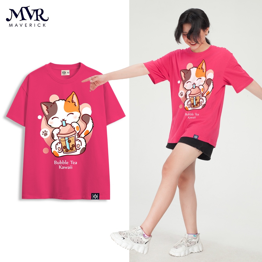 Áo thun mèo hồng phông unisex form rộng tay lỡ hình meo dễ thương uống trà sữa MVR KK1415