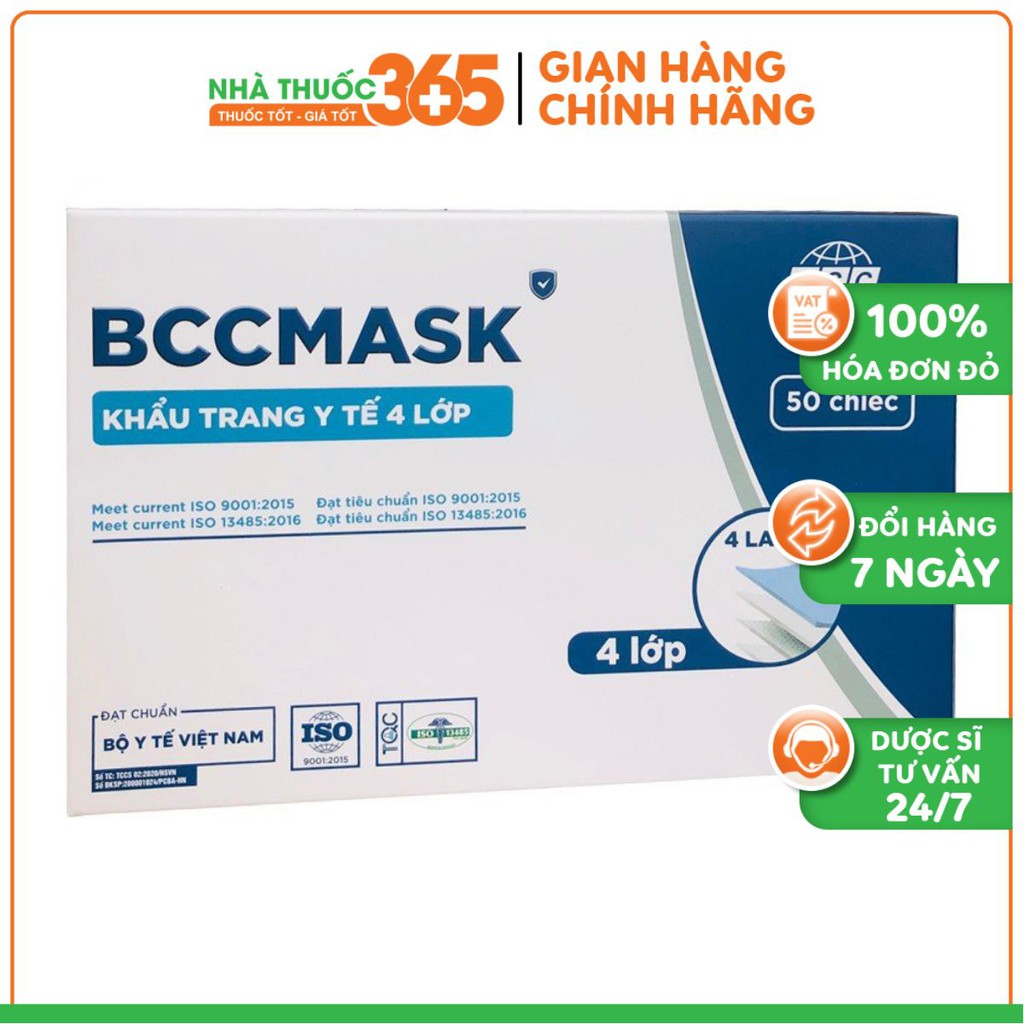 Khẩu trang y tế 4 lớp BCC Mask kháng khuẩn, bảo vệ sức khoẻ - Hộp 50 chiếc