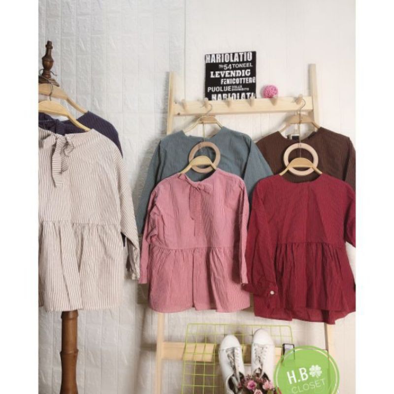 áo babydoll kẻ sọc nơ lưng vintage ảnh thật