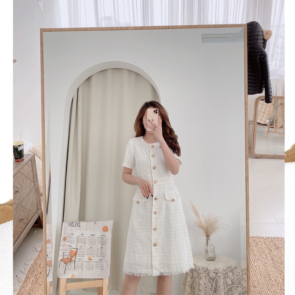 Đầm dạ tweed trắng cộc tay Lalastyle