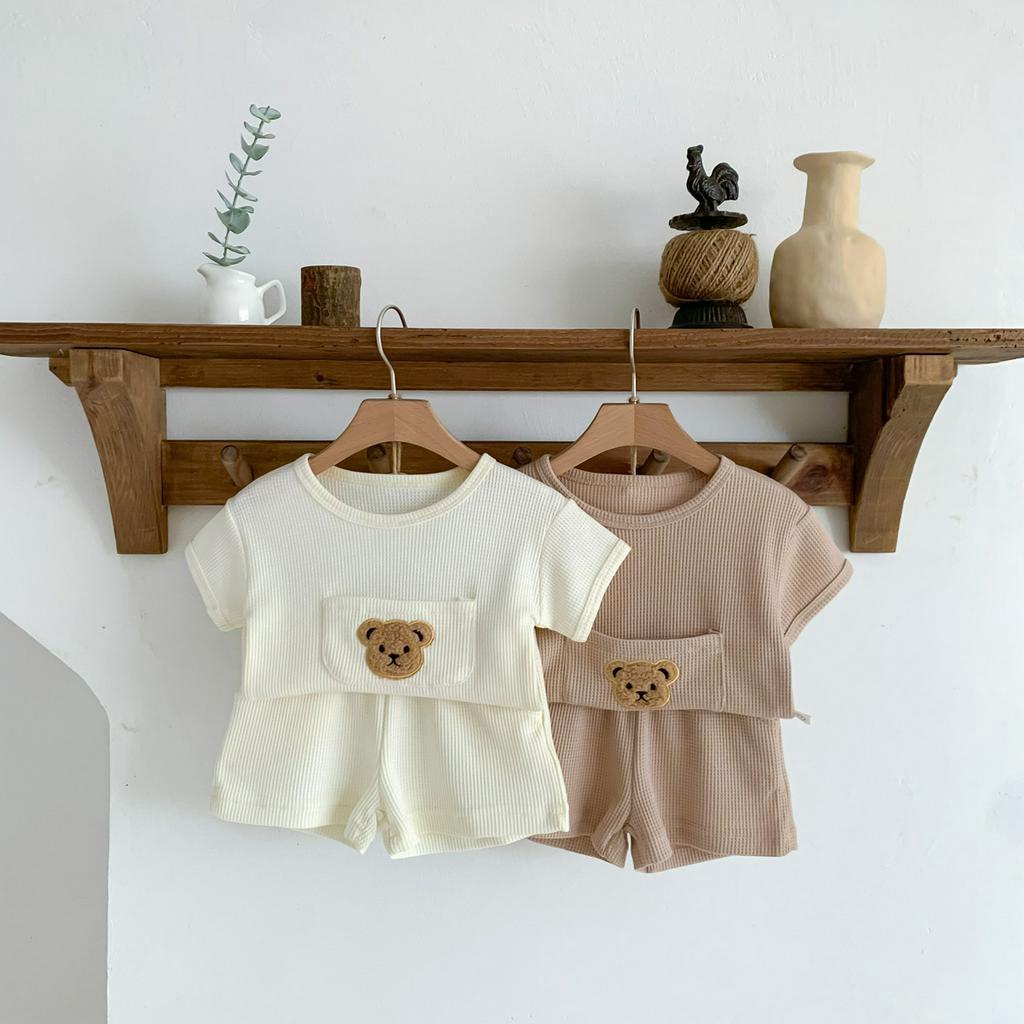 Set Áo Thun In Hình Gấu Kèm Quần Short Thời Trang Mùa Hè Cho Bé 1-3 Tuổi