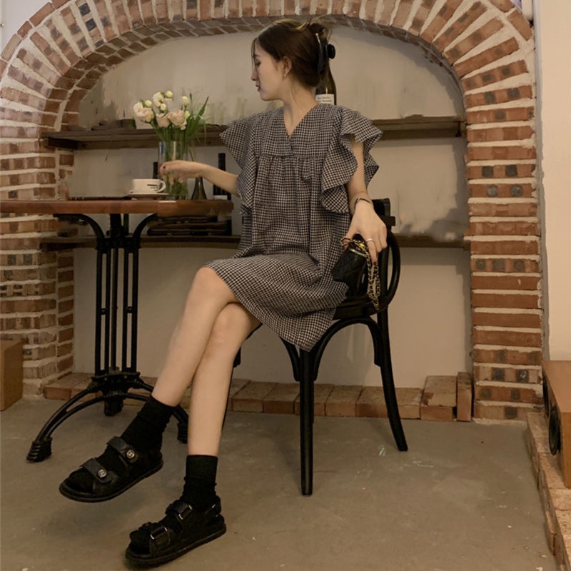 Áo Sơ Mi Tay Cánh Tiên Kẻ Sọc Caro Trắng Đen Dễ Thương Cho Nữ