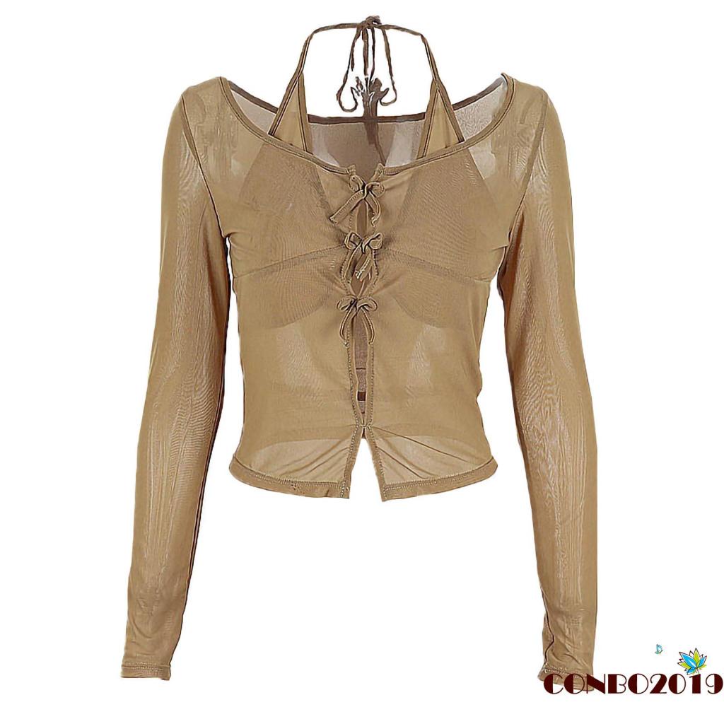 Áo Croptop Tay Dài Dáng Ôm Xuyên Thấu Màu Sắc Đơn Giản Dành Cho Nữ