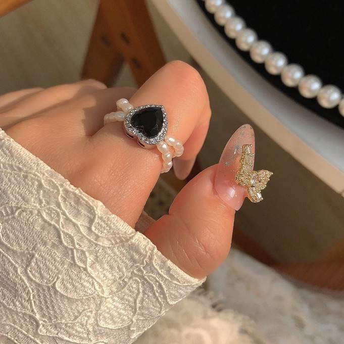 Nhẫn Hai Lớp Đính Ngọc Trai Màu Đen Hình Quả Đào Dễ Điều Chỉnh Cho Nữ