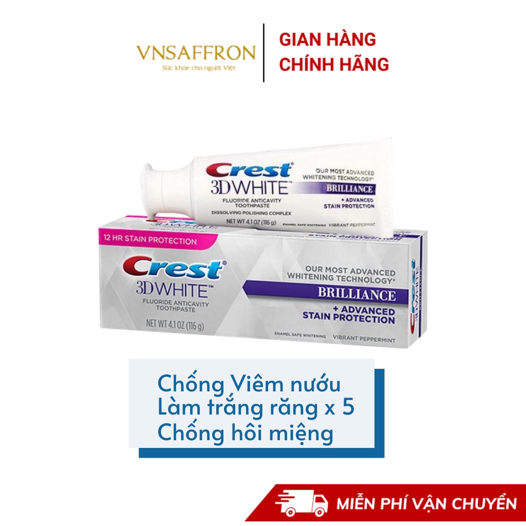 Kem đánh răng làm trắng Crest 3D White Radiant Mint 116gr nhập Mỹ giúp răng trắng, ngừa viêm nướu, hôi miệng