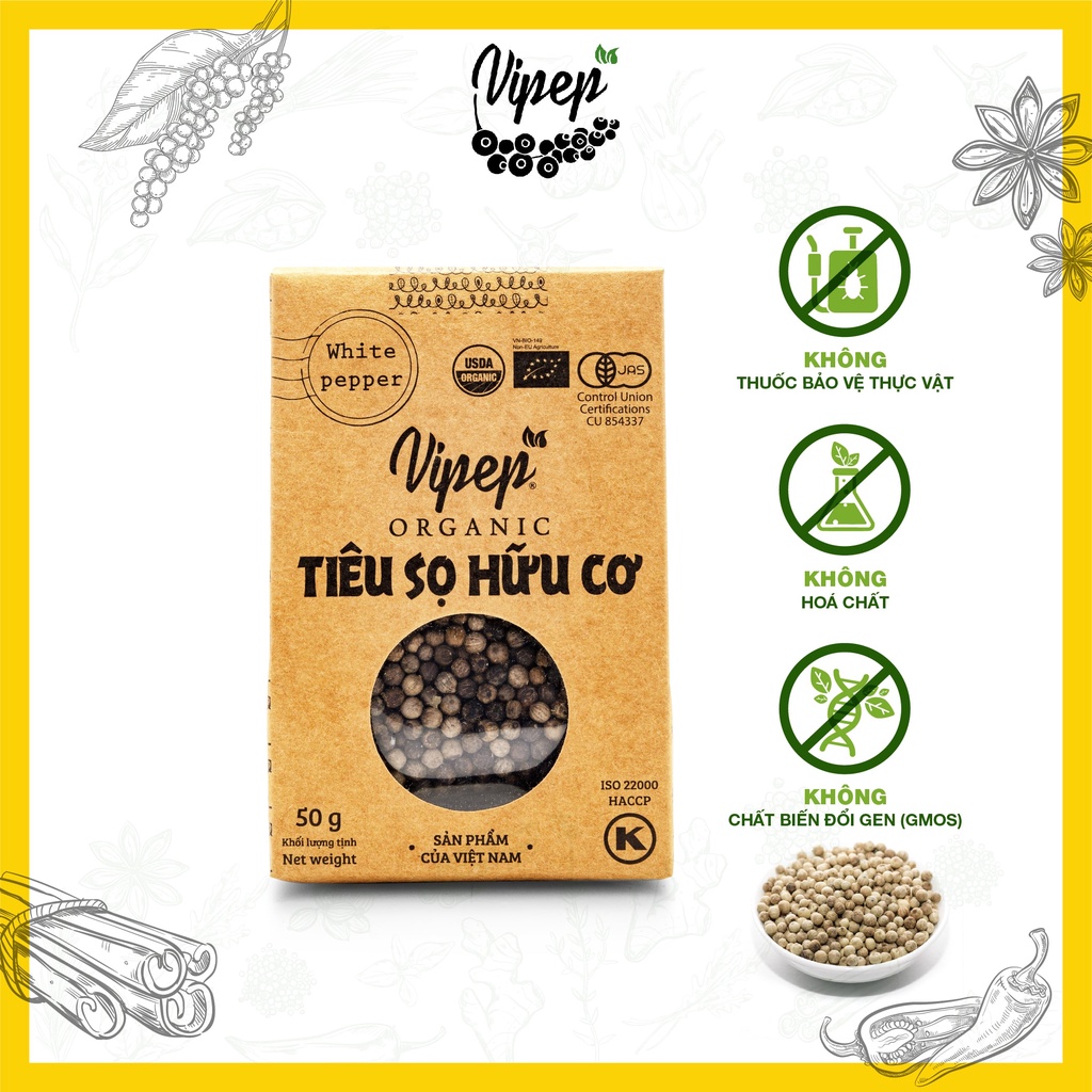 Gói tiêu sọ hữu cơ Farmer's 50g tiết kiệm, hạt tiêu trắng to sạch, túi giấy thân thiện môi trường