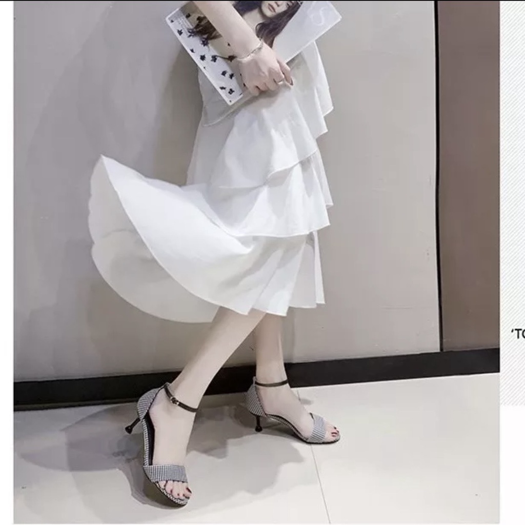 Sandal giày cao gót nhọn 7p quai ngang caro