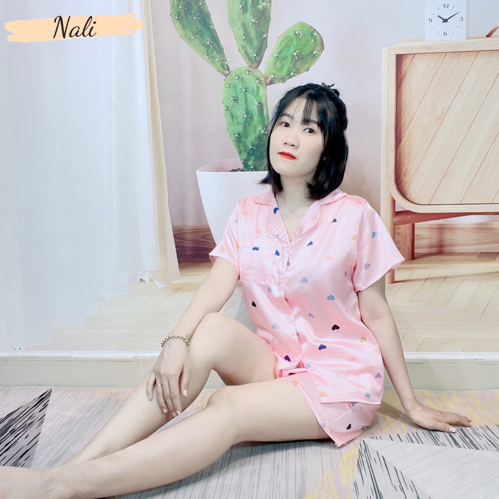 Bộ pijama cộc tay lụa satin hình trái tim dễ thương, bộ đồ ngủ đồ bộ đùi mặc nhà trái tim 4 màu siêu đẹp NL116