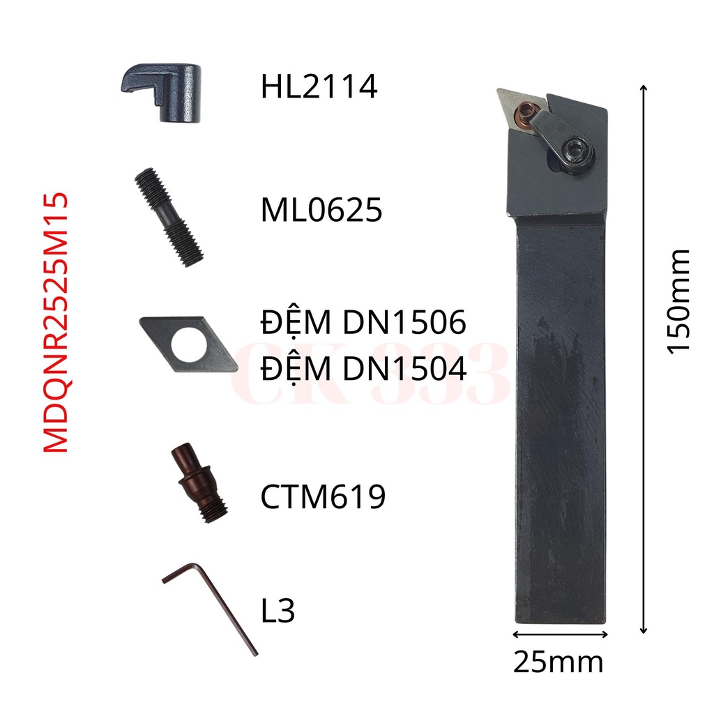 CÁN DAO TIỆN CNC 20 25 MDQNR2020K15 VÀ MDQNR2525M15 TIỆN GÓC 107 ĐỘ LẮP MẢNH DN15