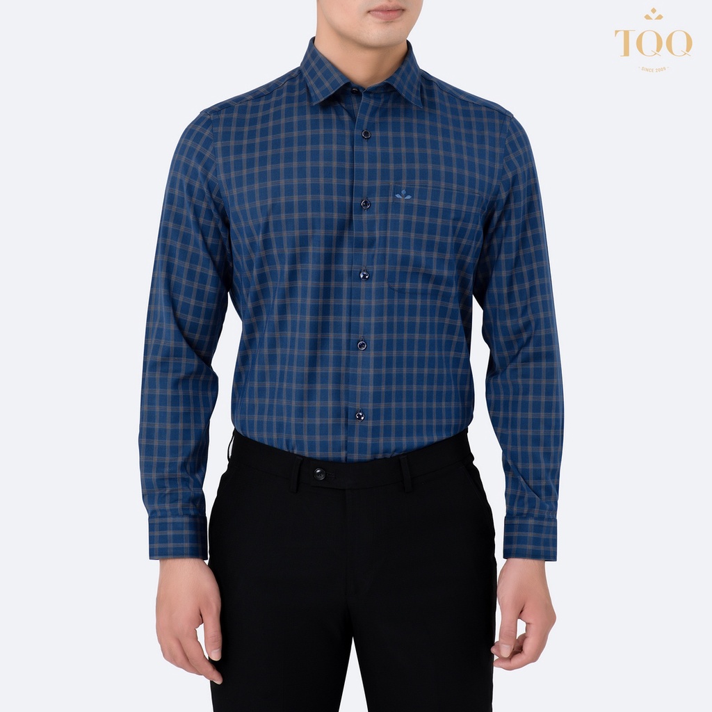Áo sơ mi nam dài tay TQQ dáng Slim fit công sở ôm nhẹ K214CS-CSB xanh cổ vịt kẻ ô sang trọng, lịch sự