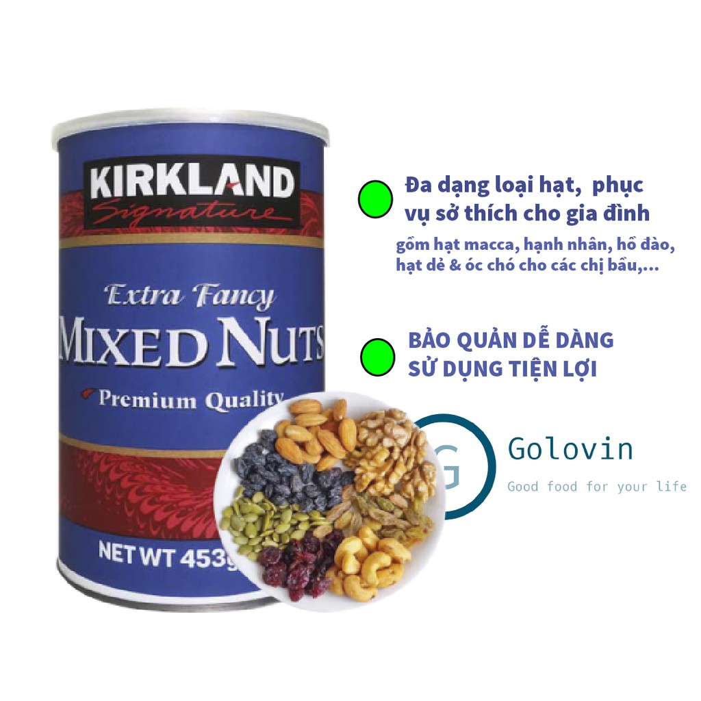 Hạt dinh dưỡng hỗn hợp mixed nuts Kirkland hộp 453g sang trọng phù hợp tặng quà, giỏ quà golovinshop | BigBuy360 - bigbuy360.vn