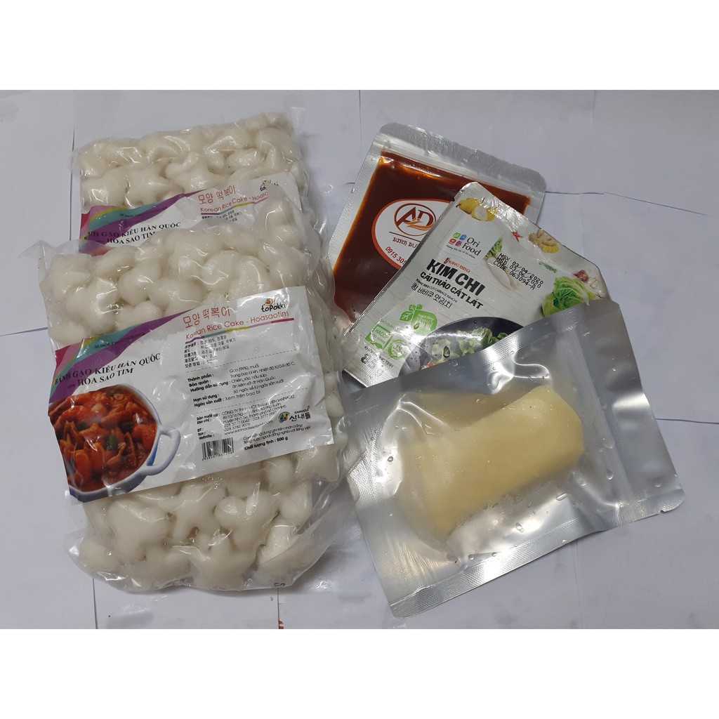 combo 500g bánh gạo hoa sao tim +100g Phô mai kéo sợi Mozzazzella+100g sốt+1 gói kim chi