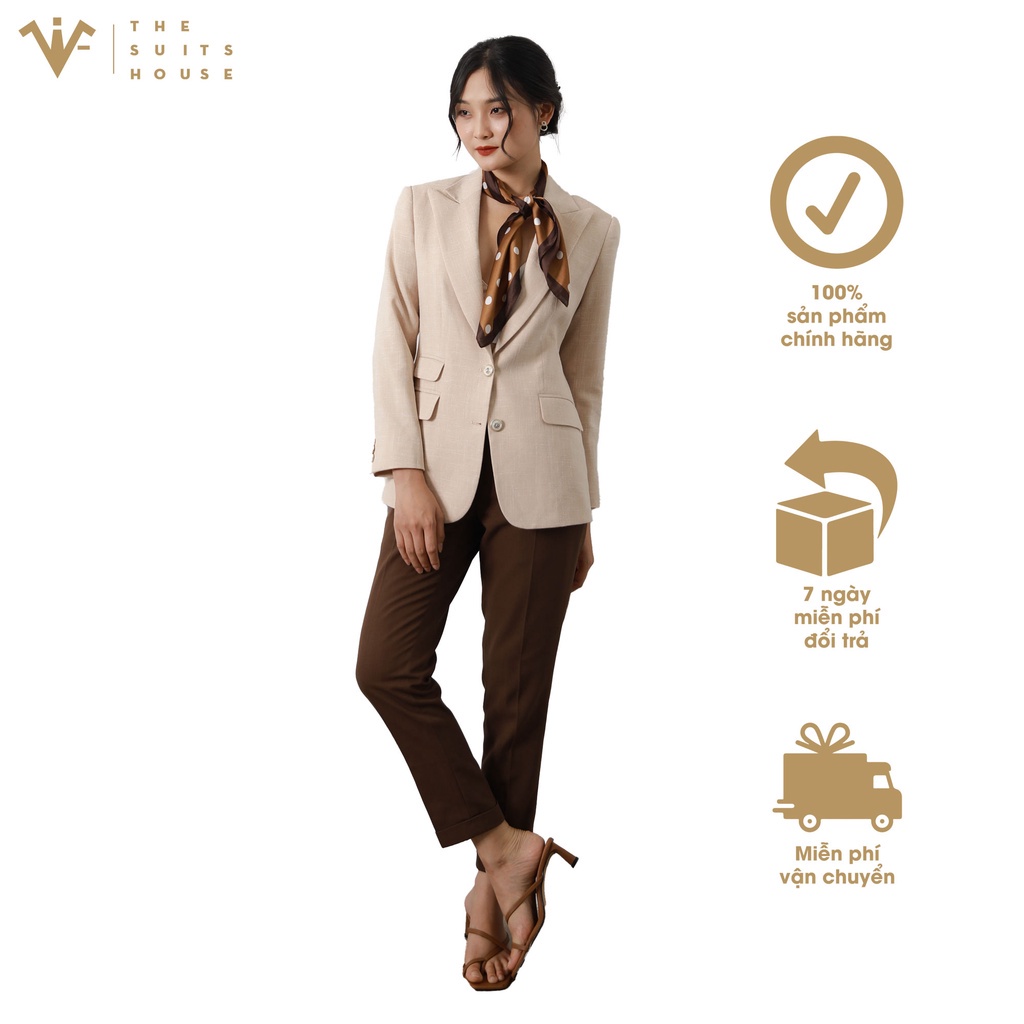 Bộ vest nữ cam nhạt phối nâu đậm, suits sartorial chất linen The Suits House