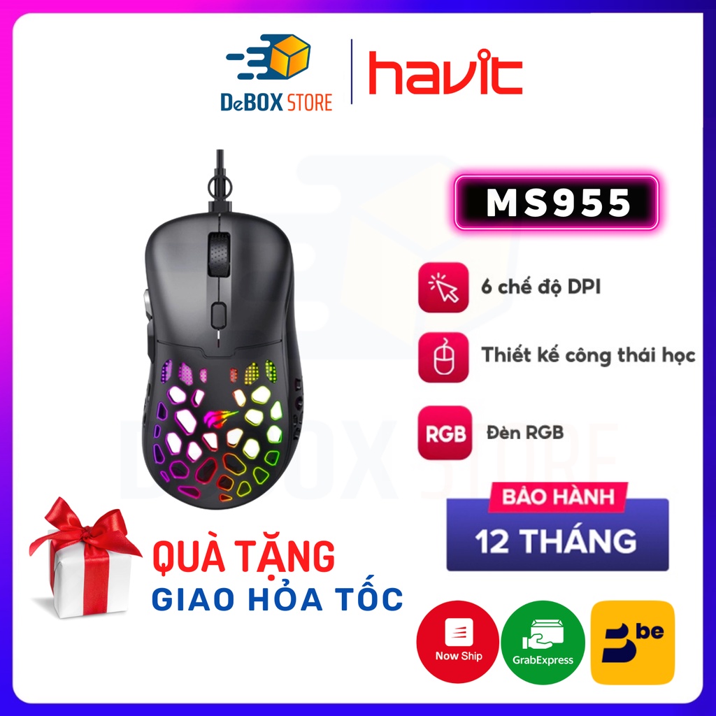 Chuột Gaming Có Dây HAVIT MS955 RGB Blacklit, 6 Chế Độ DPI, 20 Triệu Lần Nhấn - Chính Hãng Bảo Hành 12T