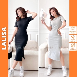 Đầm Body Dài Sexy LALISA Váy Ôm Body Ngắn Tay Dáng Thiết Kế Xẻ Tà Vải Thun Đen Đi Chơi Dự Tiệc Cưới VD058
