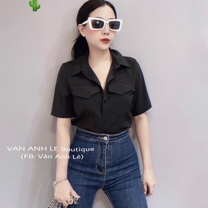 Áo sơ mi hai túi tay ngắn trơn hình thật