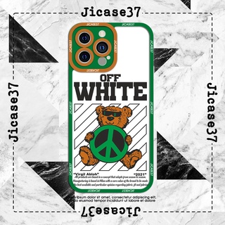 Ốp lưng iphone và samsung xiaomi oppo cạnh vuông Jicase Gấu Off White viền xanh