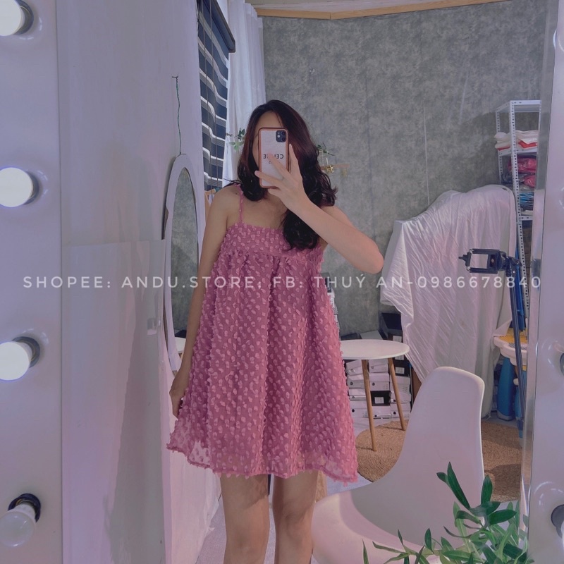 Váy babydoll 2 dây 2 lớp dập hoa nổi⚡️ANDU STORE⚡️ đầm babydoll ulzzang đẹp