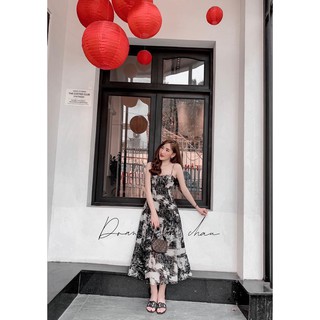 Đầm maxi hai dây dáng dài họa tiết trắng đen thướt tha, đẹp dịu dàng Lemy